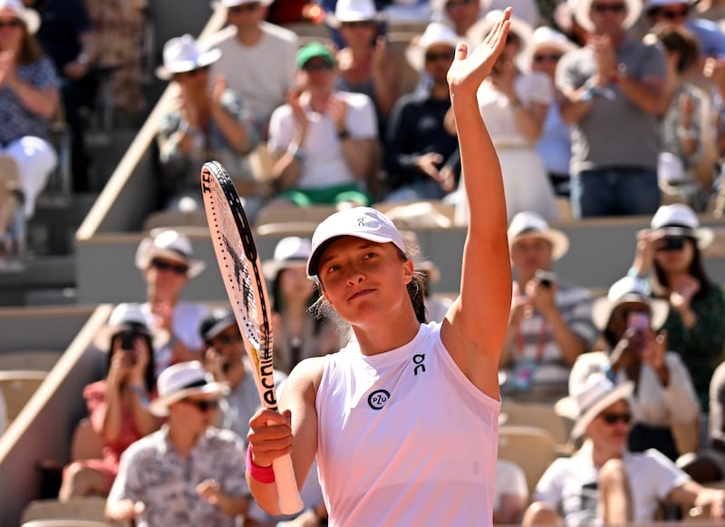 Iga Swiatek of Poland after her 6-0, 6-0 third-round victory against Xinyu Wang of China at the French Open on June 3, 2023. EPA