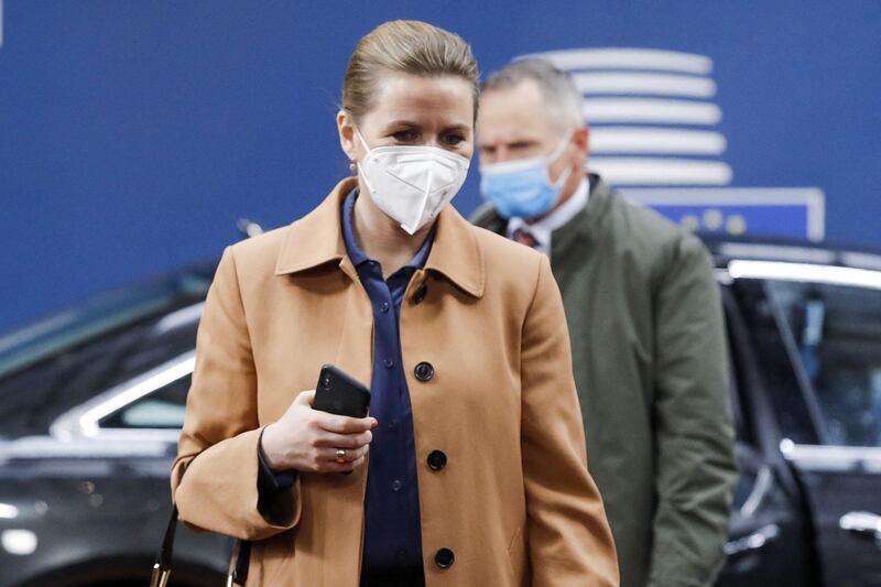 Denmark's Prime Minister Mette Frederiksen arrives for the second day of the EU summit at the European Council building in Brussels on May 25, 2021. European Union leaders take part in a two day in-person meeting to discuss the coronavirus pandemic, climate and Russia. / AFP / POOL / Olivier HOSLET
