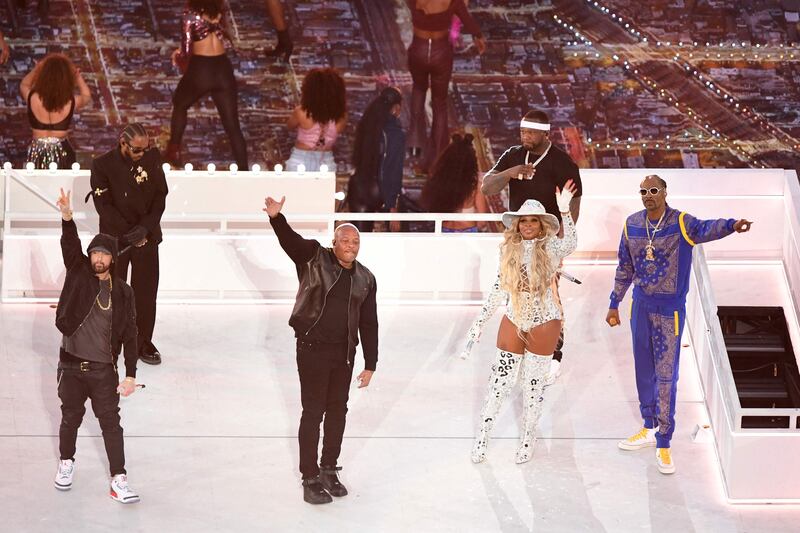 Eminem, Dr Dre, Kendrick Lamar, 50 Cent, Mary J Blige and Snoop Dogg perform during the half-time show of Super Bowl LVI between the Los Angeles Rams and the Cincinnati Bengals at SoFi Stadium in California. AFP