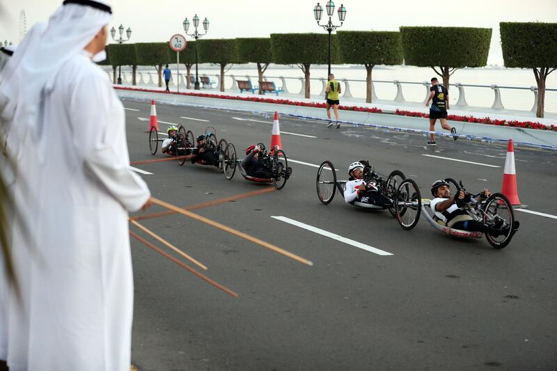 Abu Dhabi, United Arab Emirates - December 06, 2019: Athletes take part in the ADNOC Abu Dhabi marathon 2019. Friday, December 6th, 2019. Abu Dhabi. Chris Whiteoak / The National