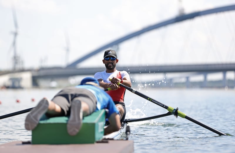 Libyan rower Alhussein Ghambour gets ready to kick off his attempt in the men's single sculls semi-final at the Sea Forest Waterway, Tokyo.