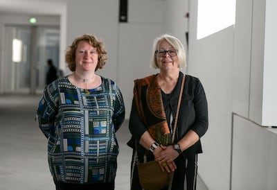 Judith Henon-Raynaud, left, and Evelyn Posseme, co-curators of the exhibition at Louvre Abu Dhabi. Khushnum Bhandari / The National