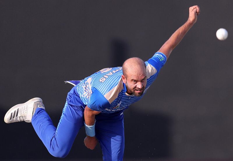 Sharjah, United Arab Emirates - October 18, 2018: Mirwais Ashraf of the Balkh Legends takes 3 wickets during the game between Kandahar Knights and Balkh Legends in the Afghanistan Premier League. Thursday, October 18th, 2018 at Sharjah Cricket Stadium, Sharjah. Chris Whiteoak / The National
