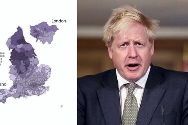 Left: Geographical spread of Covid-19 in England. Right: Britain's Prime Minister Boris Johnson attends a news conference at Downing Street in London. Reuters