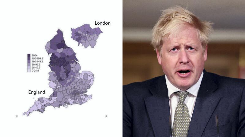 Left: Geographical spread of Covid-19 in England. Right: Britain's Prime Minister Boris Johnson attends a news conference at Downing Street in London. Reuters