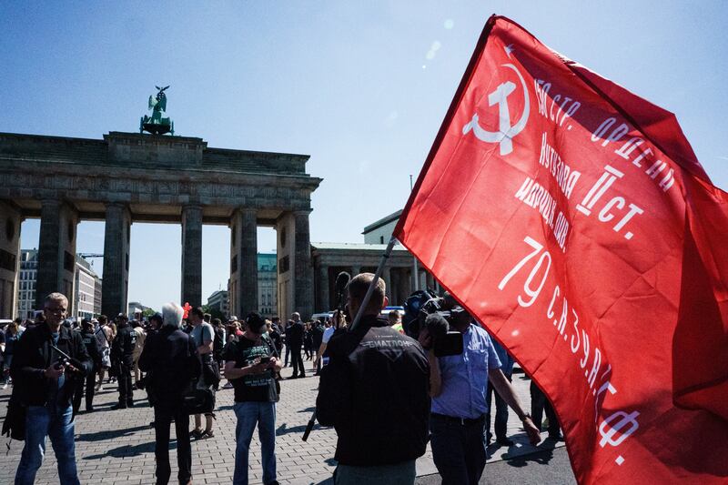 The Berlin regional senate banned the showing of Ukrainian and Russian flags near memorials during the weekend of the 77th anniversary of the end of second World War in Germany. EPA