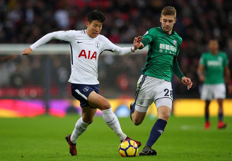 Soccer Football - Premier League - Tottenham Hotspur vs West Bromwich Albion - Wembley Stadium, London, Britain - November 25, 2017   Tottenham's Son Heung-min in action with West Bromwich Albion's Sam Field          REUTERS/Hannah McKay    EDITORIAL USE ONLY. No use with unauthorized audio, video, data, fixture lists, club/league logos or "live" services. Online in-match use limited to 75 images, no video emulation. No use in betting, games or single club/league/player publications. Please contact your account representative for further details.?