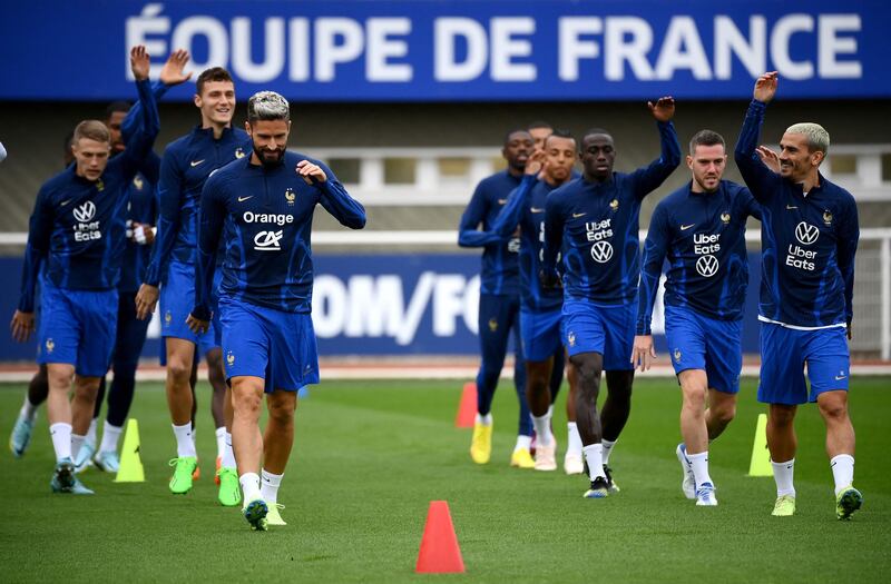 France forward Olivier Giroud, left, during training. AFP