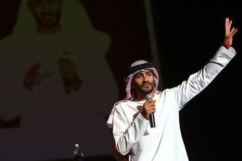 Standup comedian Abdullah Al Qassab performs at the American University of Sharjah. Satish Kumar / The National