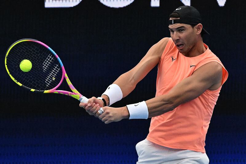 Rafael Nadal hits a backhand during a practice session ahead of the United Cup. AFP