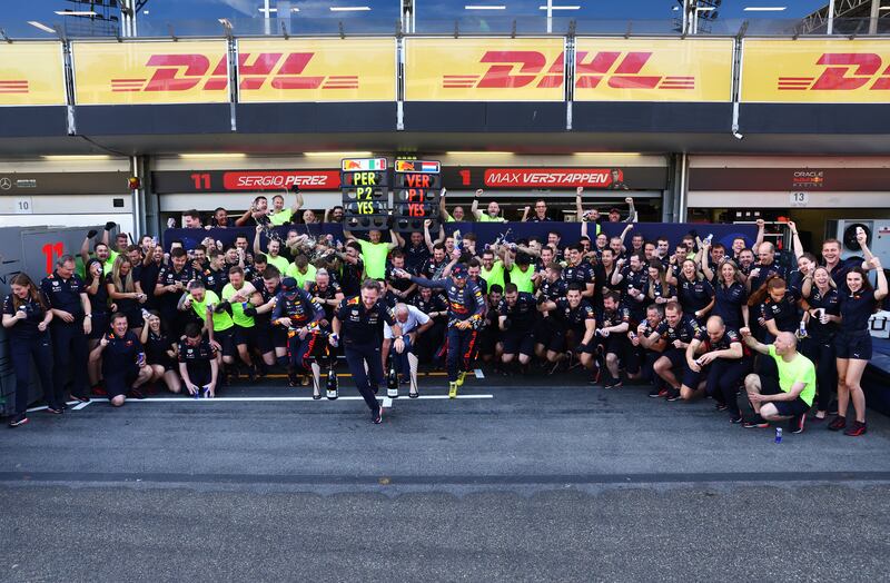 Race winner Max Verstappen and second placed Sergio Perez celebrate with their team after the Grand Prix of Azerbaijan. Getty