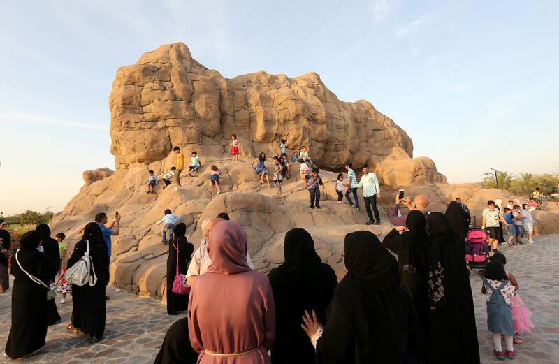 Visitors are seen outside the Cave of Miracles, part of Dubai's Quranic Park in Dubai, UAE April 6, 2019. Picture taken April 6, 2019. REUTERS/Satish Kumar