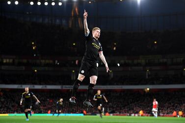 Manchester City's Kevin De Bruyne celebrates after scoring his team's first goal against Arsenal at the Emirates Stadium. Getty Images