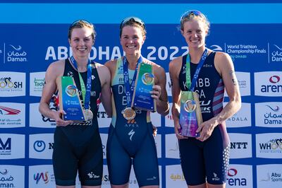 Flora Duffy, centre, won the women’s World Triathlon title ahead of Britain's Georgia Taylor-Brown, left, and USA's Taylor Knibb. Image supplied