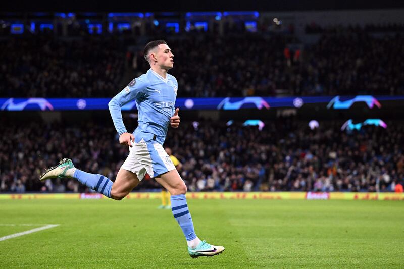Phil Foden celebrates scoring Manchester City's second goal. AFP