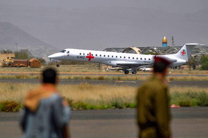 An Embraer ERJ aircraft flying under the banner of the ICRC takes off from Sanaa Airport. AFP