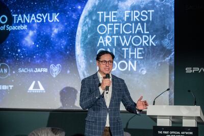 Pavlo Tanasyuk from Spacebit speaking at a press conference at Expo 2020 Dubai. Antonie Robertson / The National