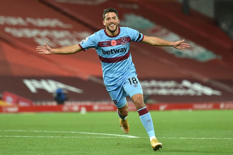 West Ham's Pablo Fornals celebrates scoring the opening goal against Liverpool. AP