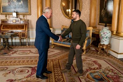 King Charles III meets Ukrainian President Volodymyr Zelenskyy at Buckingham Palace. Reuters