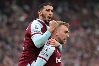 LONDON, ENGLAND - APRIL 03: Jarrod Bowen of West Ham United celebrates with teammate Said Benrahma after scoring their side's second goal during the Premier League match between West Ham United and Everton at London Stadium on April 03, 2022 in London, England. (Photo by Julian Finney / Getty Images)