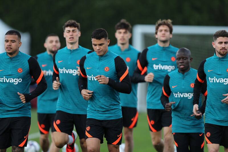 Chelsea defender Thiago Silva, centre, at training.
