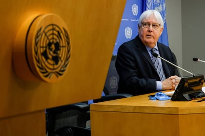 Martin Griffith speaks on the humanitarian situation in Ukraine, at the UN in April 2022. Reuters