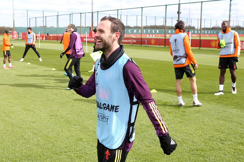 MANCHESTER, ENGLAND - APRIL 07: Juan Mata of Manchester United reacts during a first team training session at Aon Training Complex on April 7, 2021 in Manchester, England. (Photo by Matthew Peters/Manchester United via Getty Images)