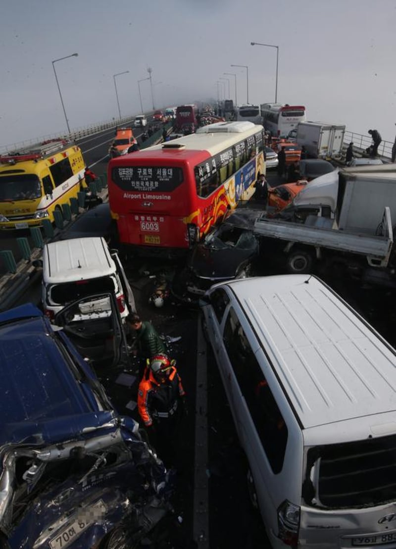 In a televised briefing, Kim Moon-won of the Incheon Jungbu Fire Station, said that about 100 cars were involved in the pileup. It was not immediately known what started the pileup. EPA
