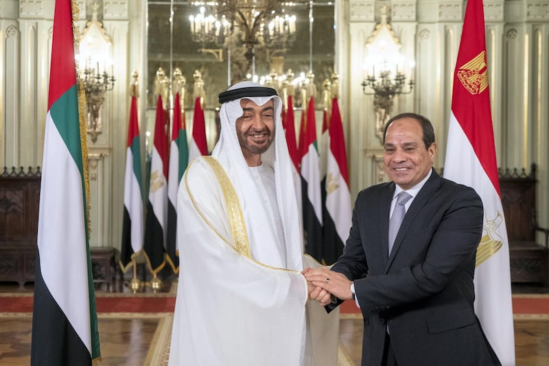 ALEXANDRIA, EGYPT - March 27, 2019: HH Sheikh Mohamed bin Zayed Al Nahyan, Crown Prince of Abu Dhabi and Deputy Supreme Commander of the UAE Armed Forces (L) stands for a photograph with HE Abdel Fattah El Sisi President of Egypt (R), at Ras El Tin Palace.

( Rashed Al Mansoori / Ministry of Presidential Affairs )
---