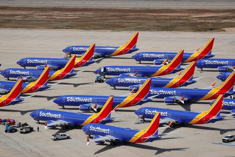 A number of grounded Southwest airlines Boeing 737 MAX 8 aircraft are shown parked at Victorville Airport in Victorville, California, U.S., March 26, 2019.  REUTERS/Mike Blake