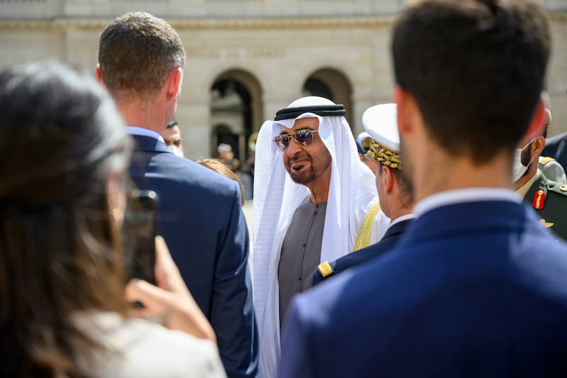 Sheikh Mohamed was set to meet top French officials during his two-day visit, including Prime Minister Elisabeth Borne and President of the National Assembly Yael Braun-Pivet. Photo: Presidential Court