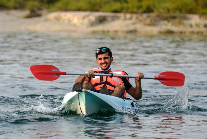 Abu Dhabi, United Arab Emirates, March 12, 2021. Visitors enjoy their Friday afternoon at the Anantara Eastern Mangroves with their rented Kayaks, Donut Boats, and other exciting floatation vehicles.
Victor Besa / The National
Section:  NA
FOR:  Stand alone/Big Picture