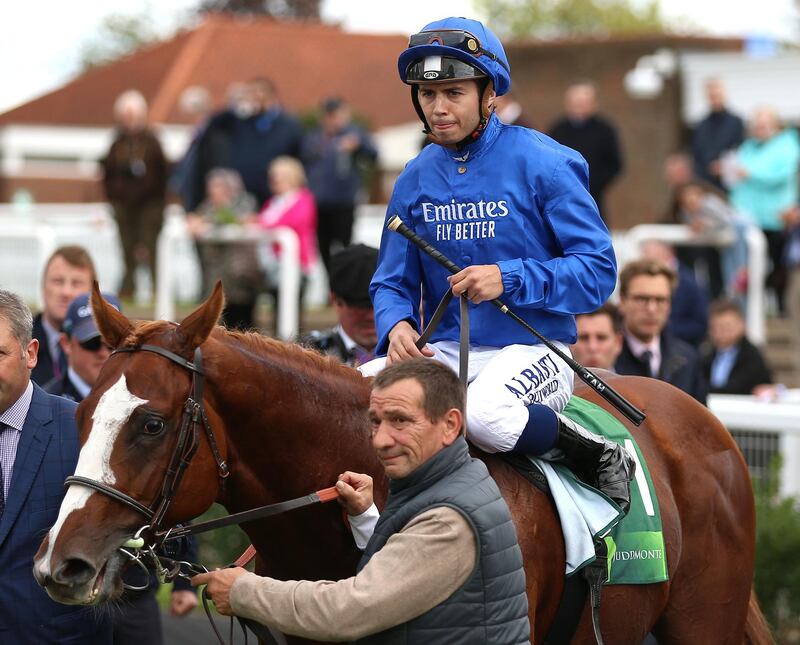 Jockey Mickael Barzalona on Earthlight after winning The Juddmonte Middle Park Stakes during day three of The Cambridgeshire Meeting at Newmarket Racecourse. PA Photo. Picture date: Saturday September 28, 2019. See PA story RACING Newmarket. Photo credit should read: Nigel French/PA Wire.