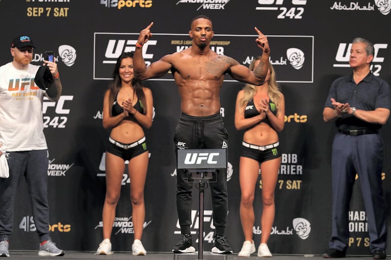 Abu Dhabi, United Arab Emirates - September 06, 2019: Lerone Murphy weights in before his fight with Zubaira Tukhugov at UFC 242. Friday the 6th of September 2019. Yes Island, Abu Dhabi. Chris Whiteoak / The National