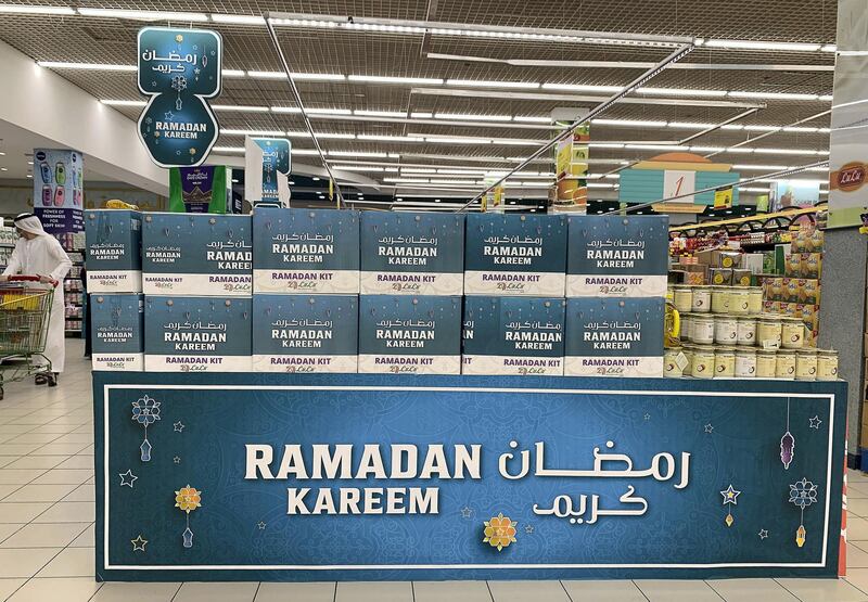 DUBAI, UNITED ARAB EMIRATES , April 20– 2020 :- Ramadan decoration and offers at the Lulu Hypermarket in Al Barsha in Dubai.  Dubai is conducting 24 hours sterilisation programme across all areas and communities in the Emirate and told residents to stay at home. UAE government told residents to wear face mask and gloves all the times outside the home whether they are showing symptoms of Covid-19 or not.  (Pawan Singh / The National) For News/Online