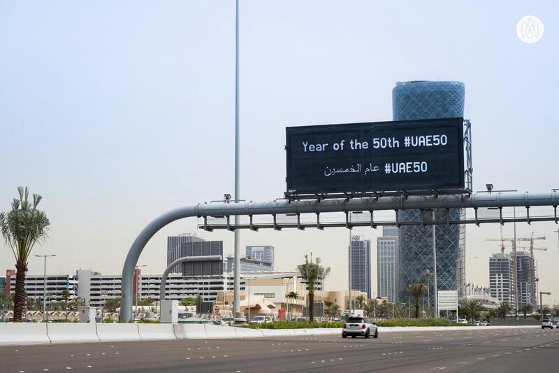 Abu Dhabi`s electronic road signs indicate the Year of the 50th, marking the Golden Jubilee of the UAE’s founding. Abu Dhabi Media Office