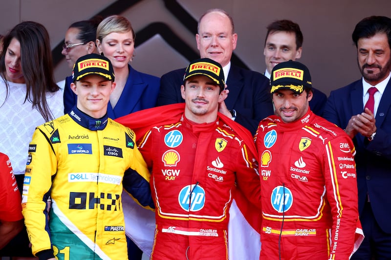 Race winner Charles Leclerc of Monaco and Ferrari, second-placed Oscar Piastri of Australia and McLaren and third-placed Carlos Sainz of Spain and Ferrari. Getty Images