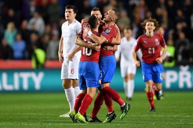 Czech Republic players celebrate after beating England in a Euro 2020 qualifying match on Friday. Getty Images