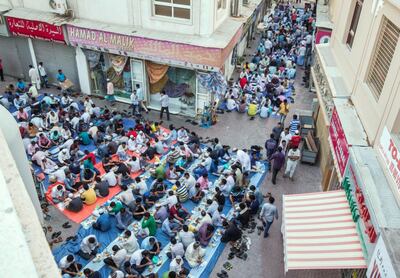 DUBAI,  UNITED ARAB EMIRATES, 20 May 2018 - Muslims taking their places  for the iftar at Lootah Masjid Mosque, Deira, Dubai. Leslie Pableo for The National  for Ramola Talwar story