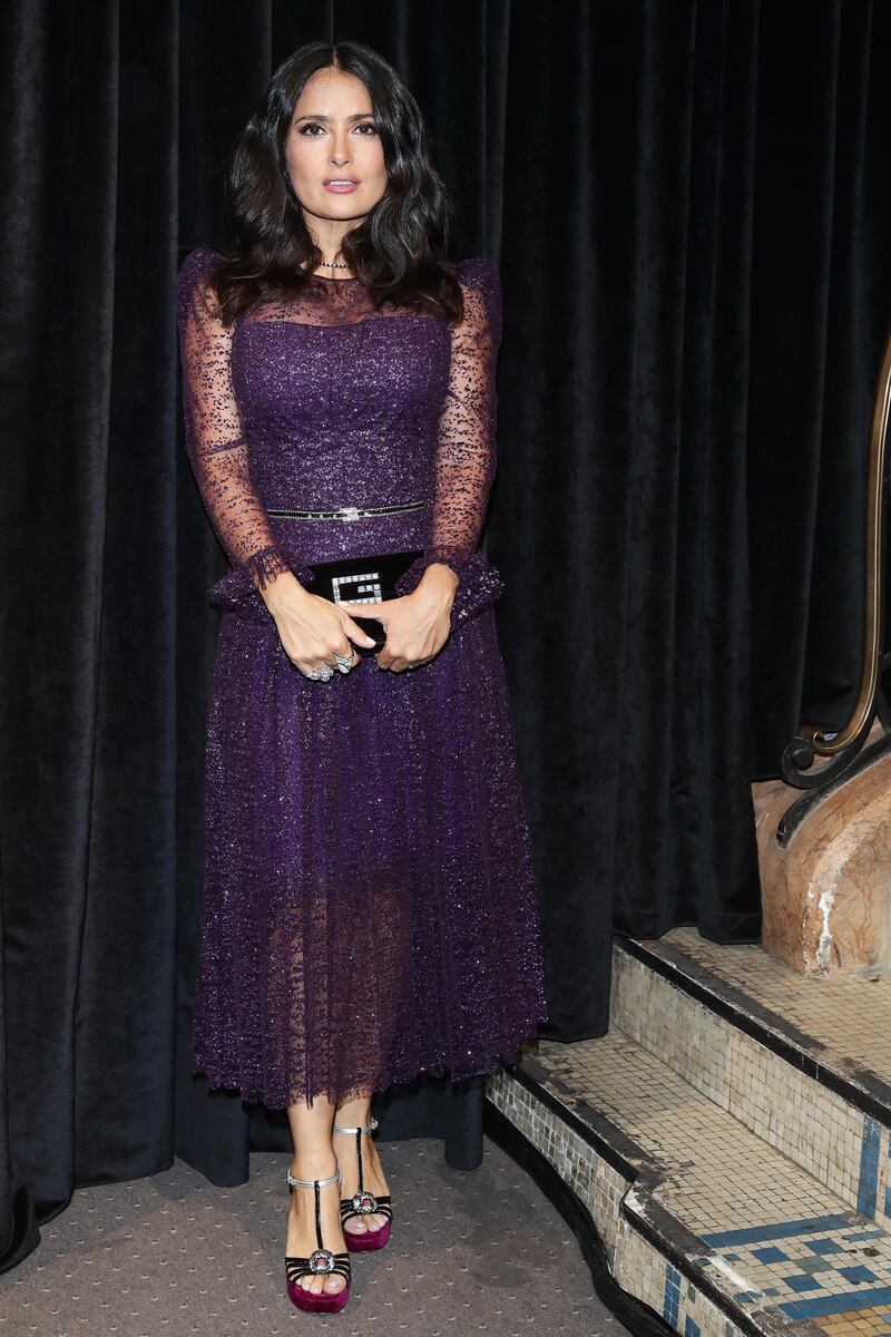 PARIS, FRANCE - SEPTEMBER 24: Salma Hayek Pinault attends the Gucci show during Paris Fashion Week Spring/Summer 2019 on September 24, 2018 in Paris, France.  (Photo by Vittorio Zunino Celotto/Getty Images for Gucci)