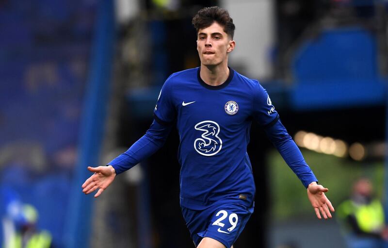 Chelsea's Kai Havertz celebrates after scoring his second goal. EPA