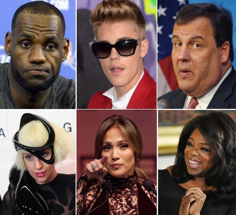 Cockwise from upper right: NBA player Lebron James, Singer Justin Bieber, New Jersey Governor Chris Christie, media proprietor Oprah Winfrey, singer Jennifer Lopez and singer Lady Gaga. These are just a handful of celebrities who have taken the "ALS Ice Bucket Challenge. AFP 