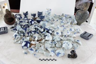 A collection of blue and white Chinese porcelain cups found by the team in the Red Sea. Photo: MoC/UNIOR