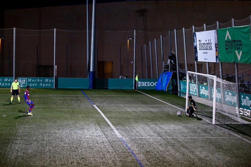 Barcelona's Ousmane Dembele sees his penalty saved by Ramon Juan.AP