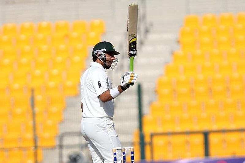 Misbah-ul-Haq pictured in 2014 after scoring a century against Sri Lanka inside an empty Sheikh Zayed Stadium in Abu Dhabi. Satish Kumar / The National 
