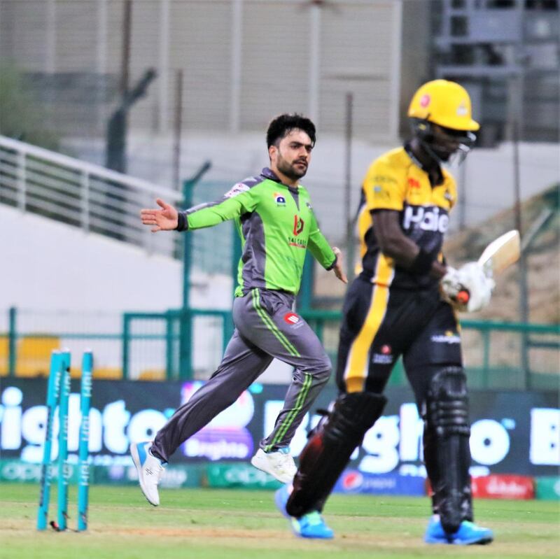 Rashid Khan took five for 20 as Lahore Qalandars beat Peshawar Zalmi by 10 runs at the Zayed Cricket Stadium. Courtesy PCB