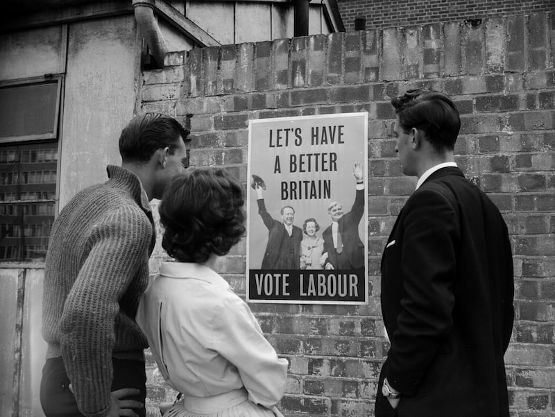 A campaign poster issued by the Labour Party depicting leader Hugh Gaitskell arm-in-arm with Barbara Castle and Aneurin Bevan in 1959