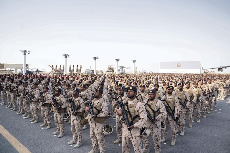 SWEIHAN, ABU DHABI, UNITED ARAB EMIRATES - February 09, 2020: Military personnel participate in a reception to celebrate and honor members of the UAE Armed Forces who served in the Arab coalition in Yemen, at Zayed Military City. 

( Hamad Al Kaabi / Ministry of Presidential Affairs )
---