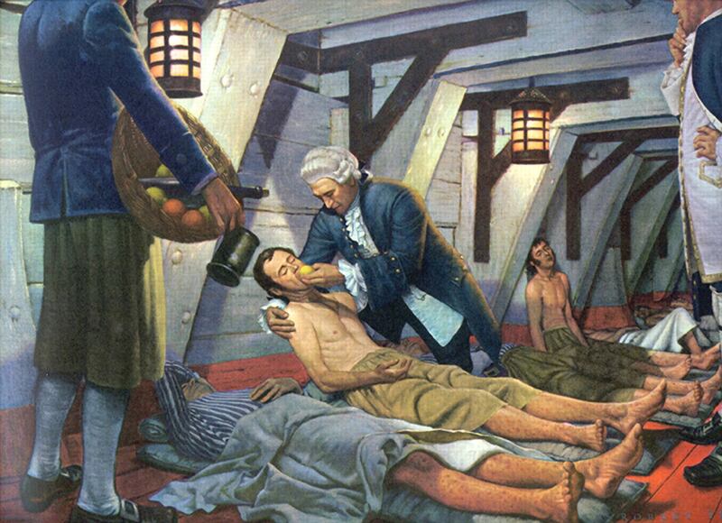 In 1747, Dr James Lind tested several scurvy treatments on crew members of the British naval ship Salisbury and discovered that lemons and oranges were most effective in treating the dreaded affliction. Courtesy Robert Thon, A History of Medicine in Pictures. Parke, Davis and Co, 1957 