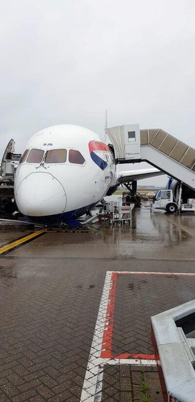 A British Airways 787 Dreamliner suffered from a nose gear collapse at Heathrow Airport. Photo: @MZulqarnainBut1/Twitter